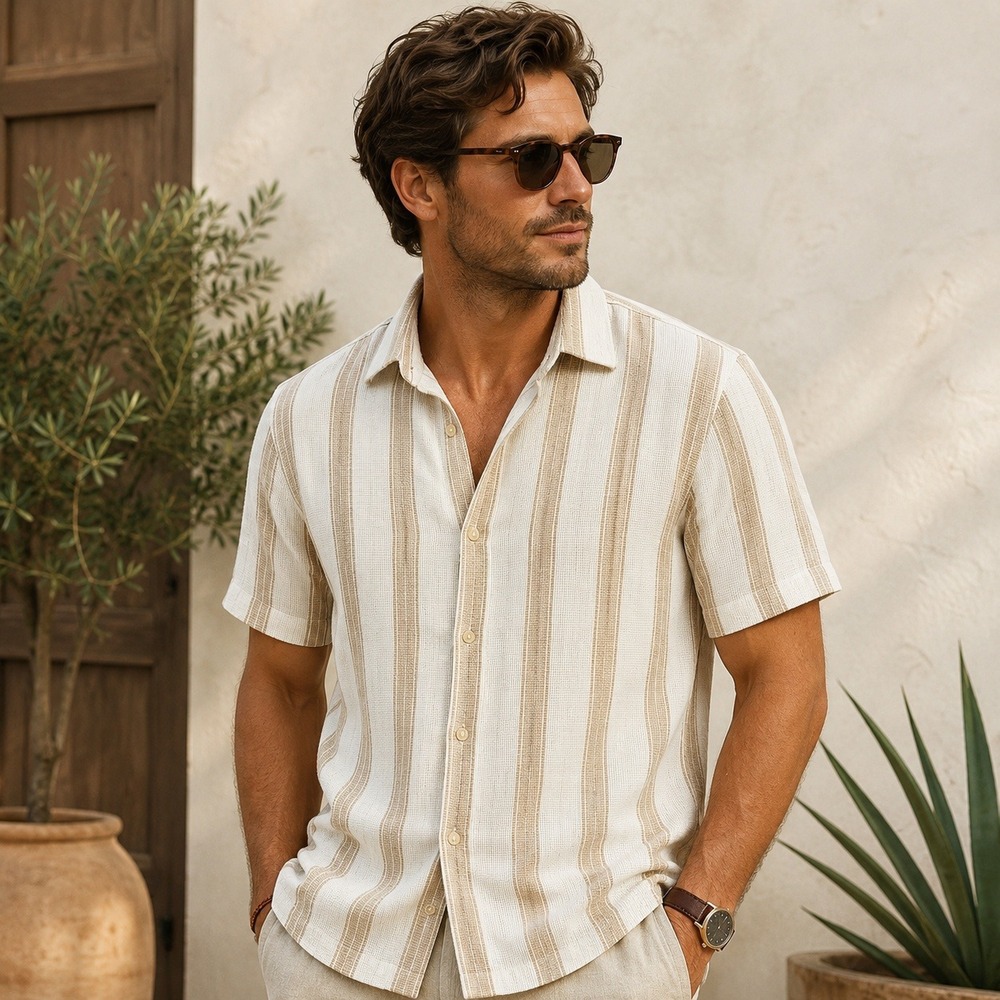 Across The Pond Mens Textured Striped Short Sleeve Button Down Shirt Tan Cream L